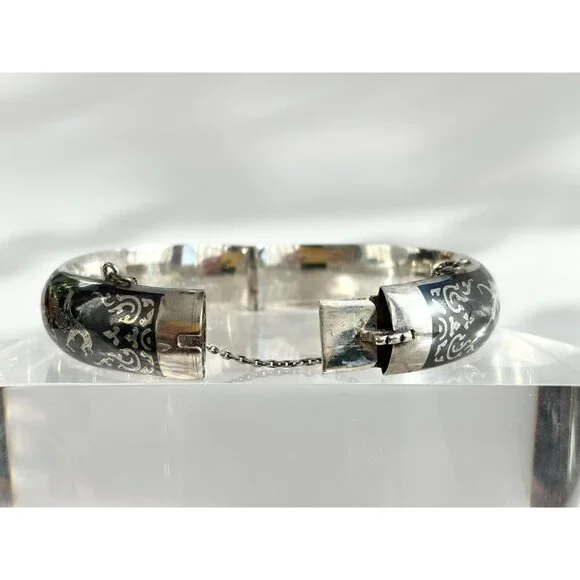 Siam Sterling Silver 925 Hand Carved Hinged Enclosure Vintage Bangle Bracelet - Picture 10 of 16